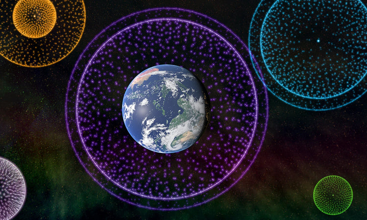 Kuvituskuva Heurekan Elävät maailmat -planetaarioelokuvasta. Kuvassa on värikkäitä solumaisia ympyröitä, jonka yhden sisällä on Maapallo.