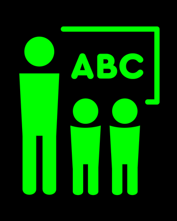 Kolme vihreää piirrettyä hahmoa ja taulu, jossa lukee ABC. 