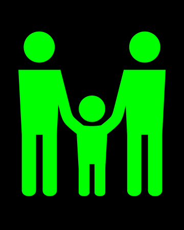 Kolme piirrettyä vihreää hahmoa pitävät toisiaan kädestä, kaksi aikuista ja yksi lapsi.