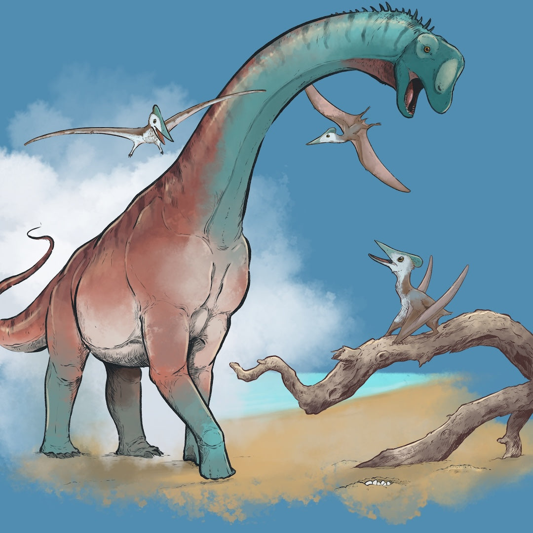 Kuvitettu dinosaurus, jonka ympärillä kolme lintua.