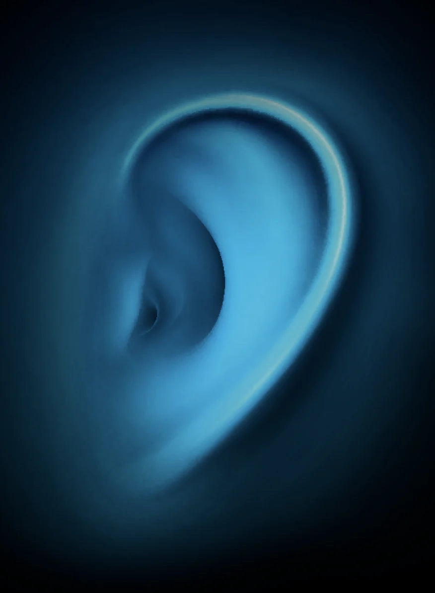 Heurekan sävelkorvatestin visuaalinen ilme. Sininen korva.