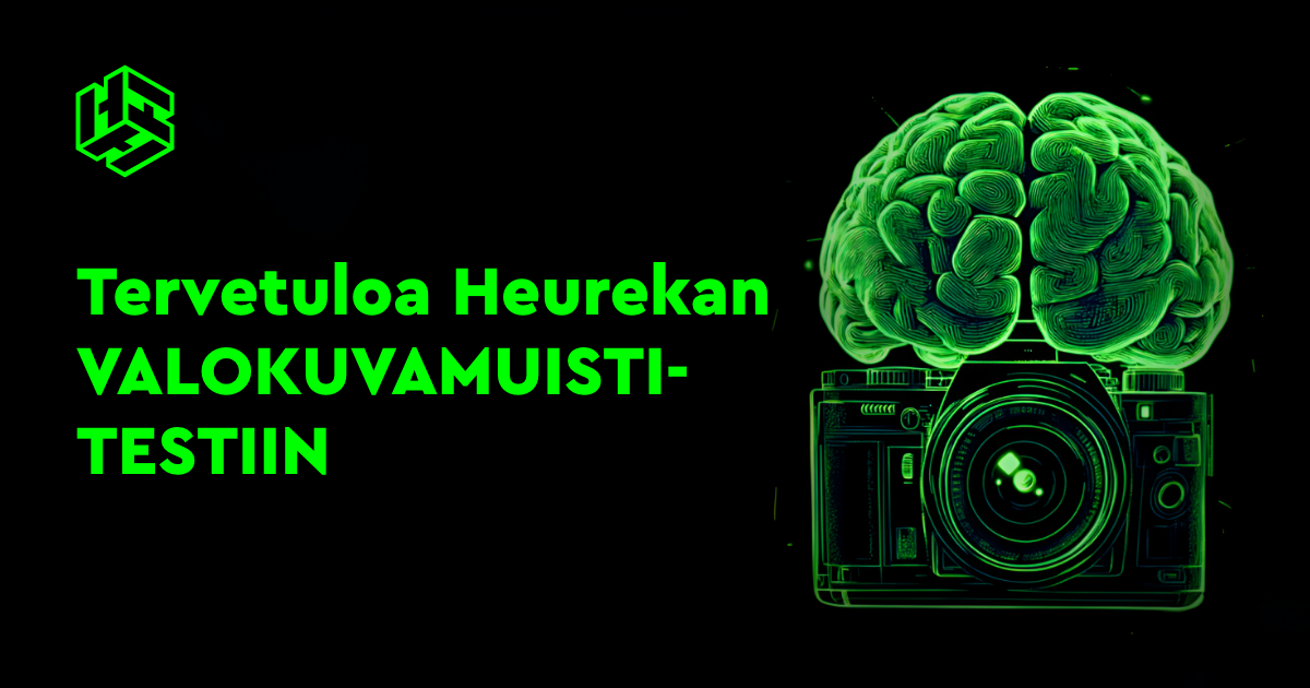 Valokuvamuistitestin visuaalinen ilme, jossa kuvitettu vihreä kamera ja aivot.