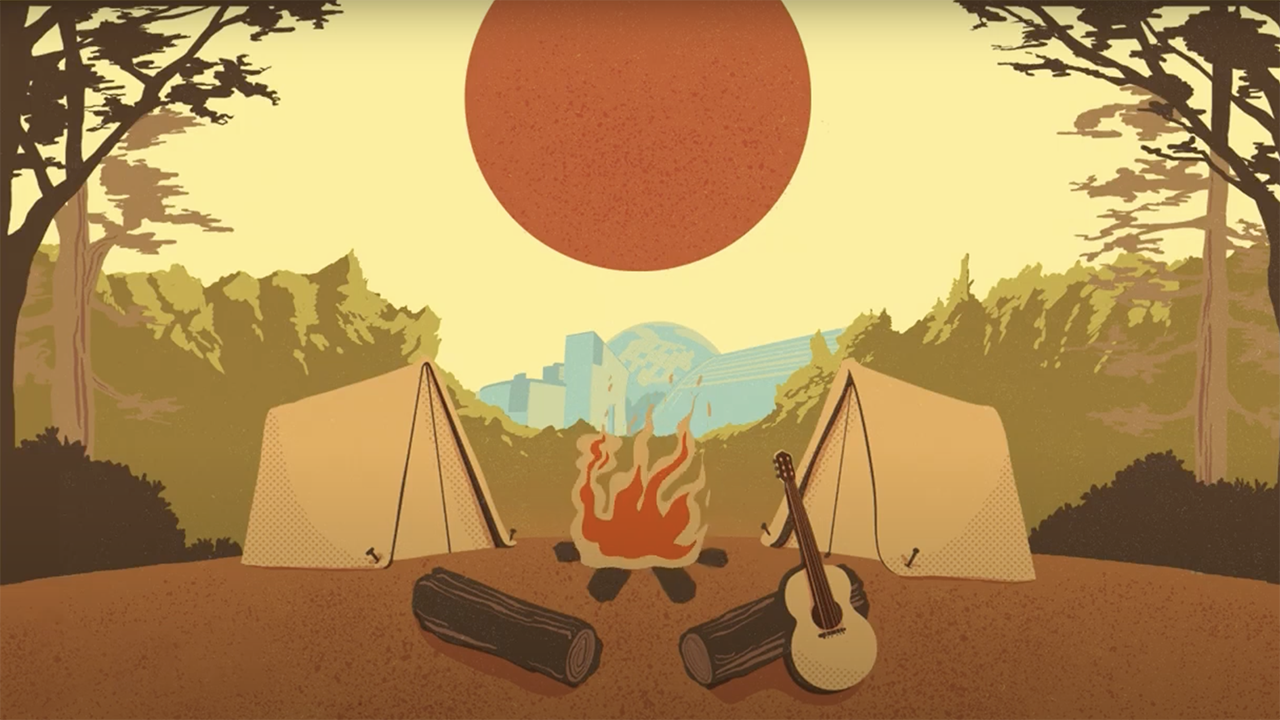 Camp Heureka -tapahtuman kuvituskuva. Kuvassa leirinuotio, kaksi telttaa sekä kitara. Taustalla Heureka ja taivaalla iso oranssi aurinko. 