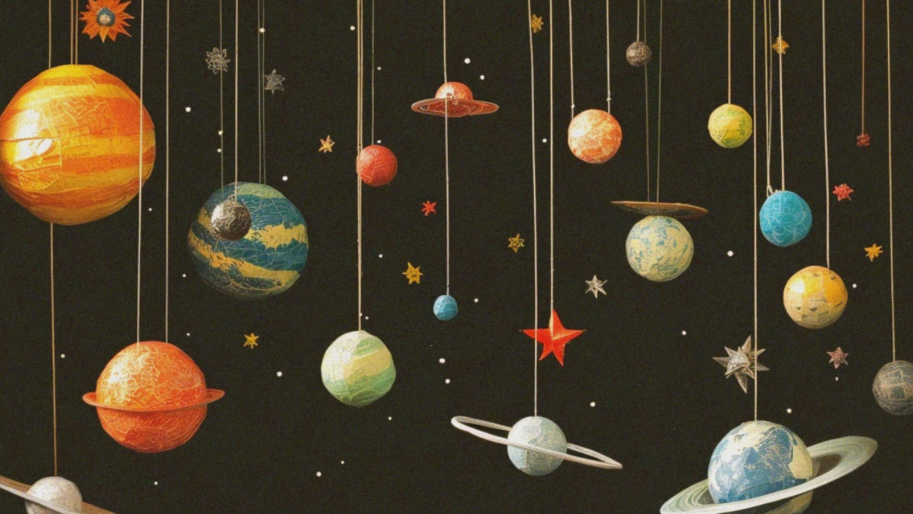 Huikea avaruus! -tapahtuman visuaalinen kuva. Kuvitettuja planeettoja.