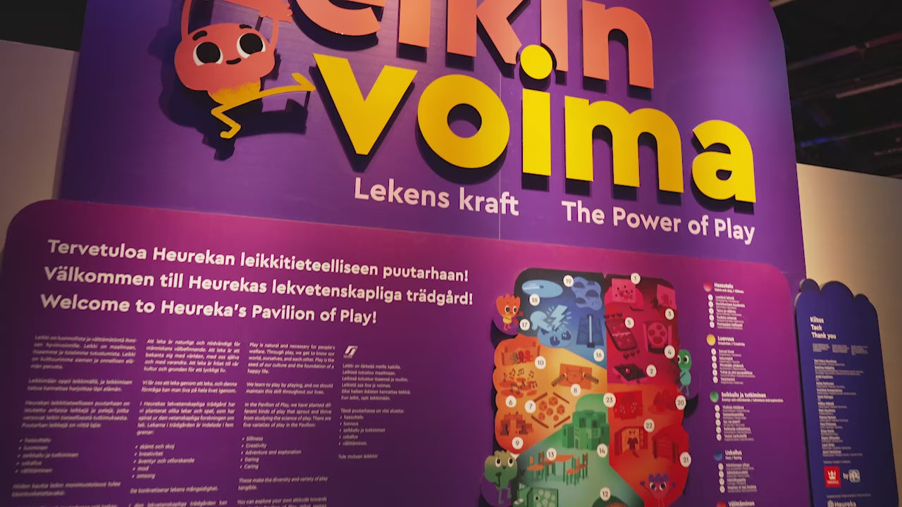 Värikäs video Leikin voima -näyttelystä Heurekassa.