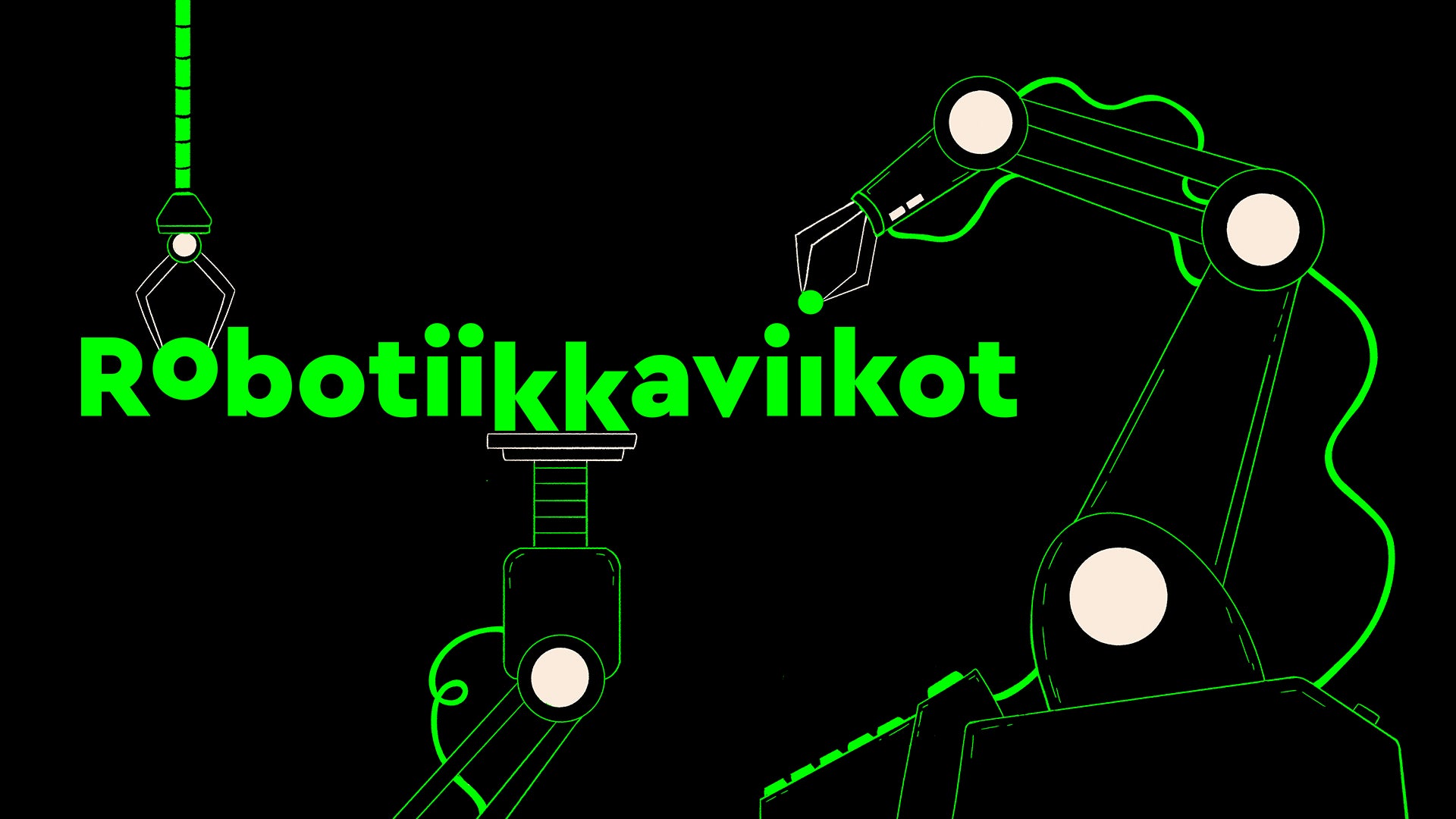Piirrettyjä robottiosia sekä vihreällä teksti Robotiikkaviikot.